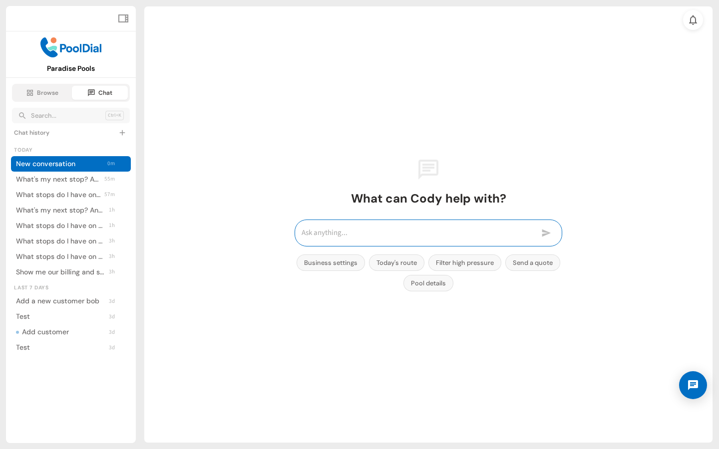Cody AI assistant ready for a new conversation in the PoolDial dashboard