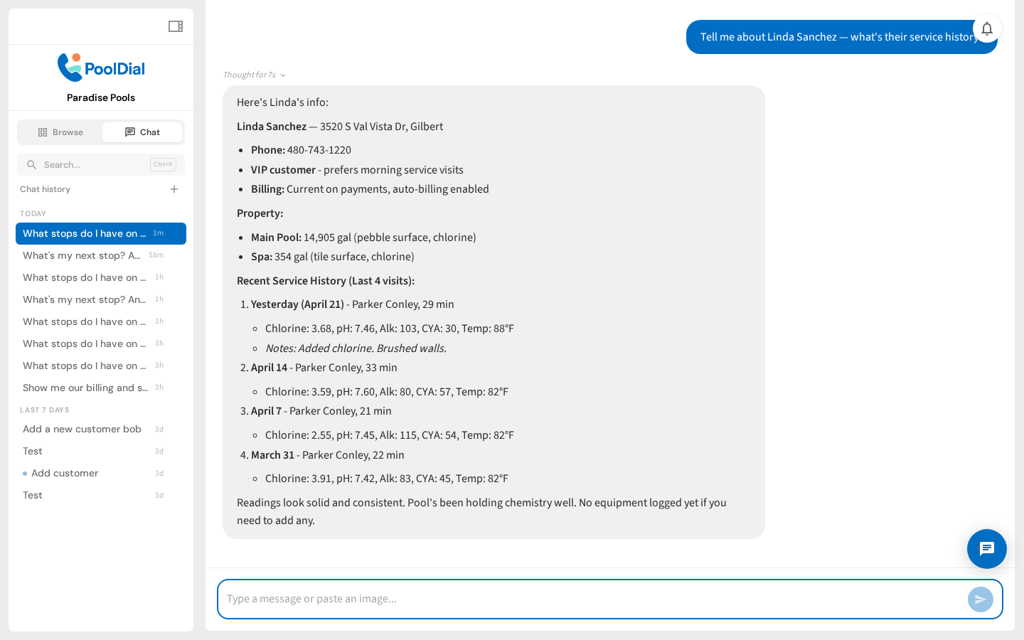 Cody showing customer details and recent service history
