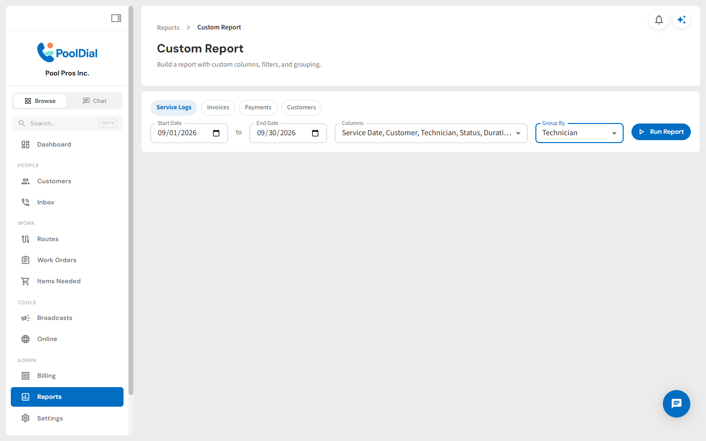 PoolDial custom report builder with configurable fields and filters