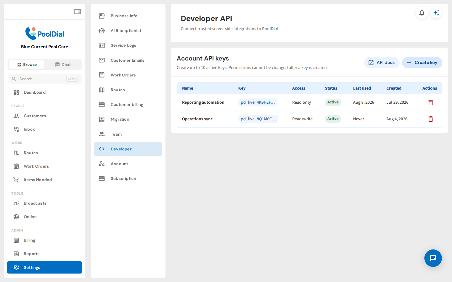 PoolDial Developer settings with API key access, status, activity, and creation date