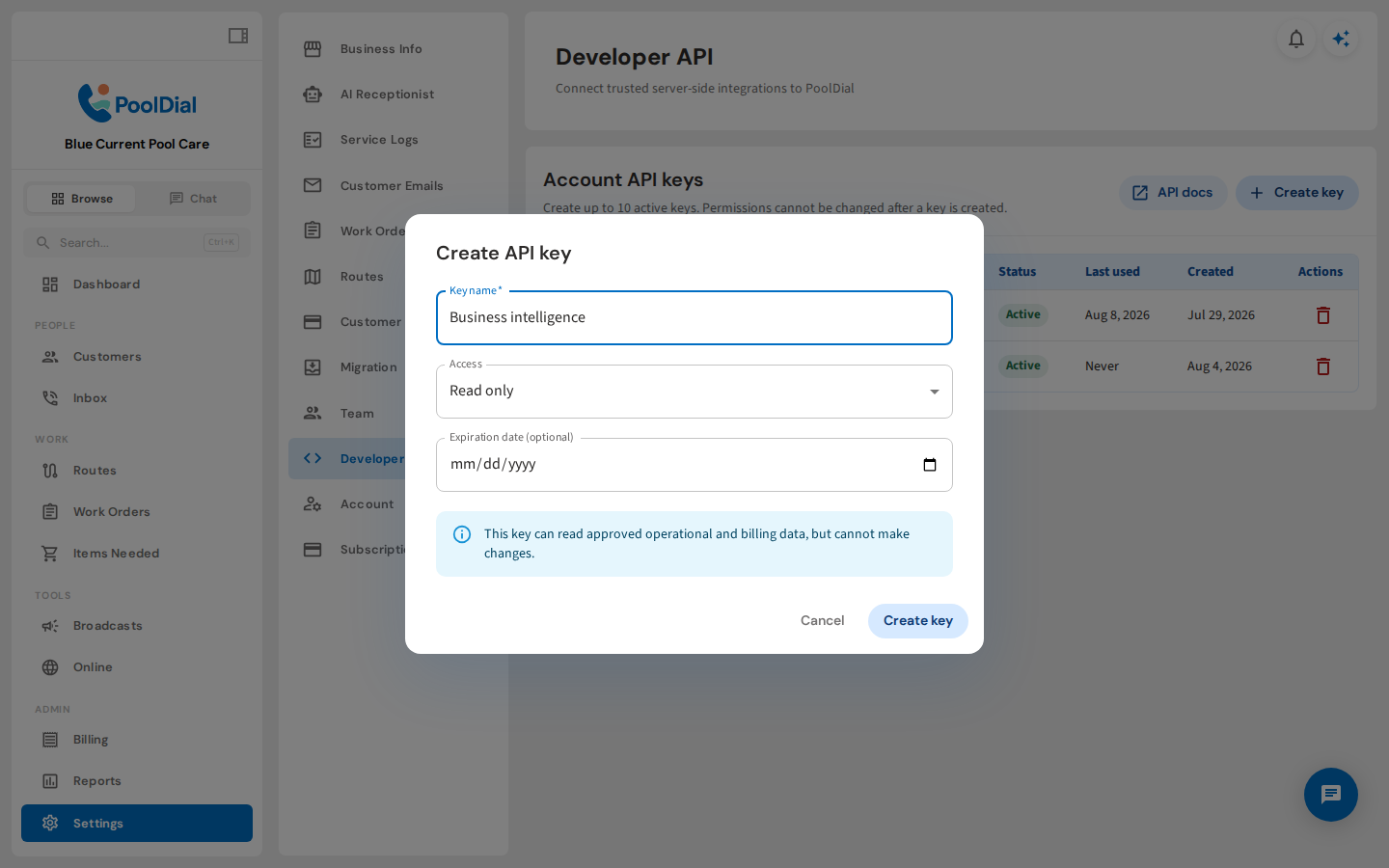 PoolDial Create API key dialog with read-only access selected