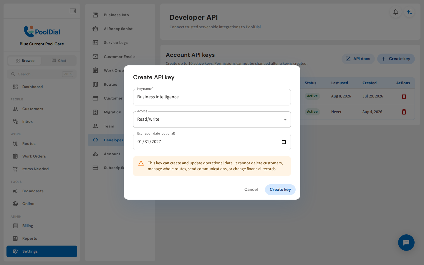 PoolDial Create API key dialog with read and write access plus an expiration date