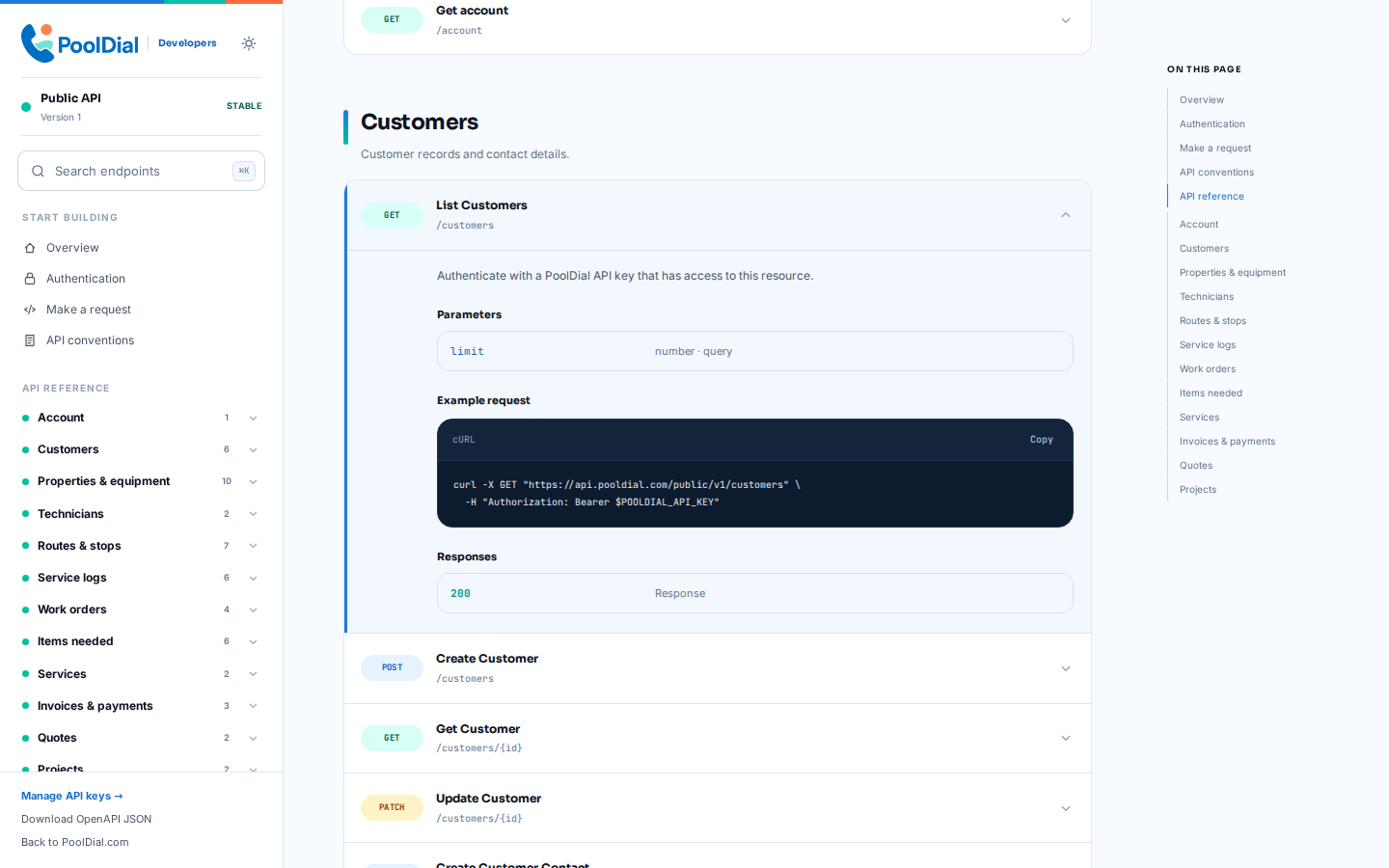 PoolDial Public API reference showing live customer endpoints