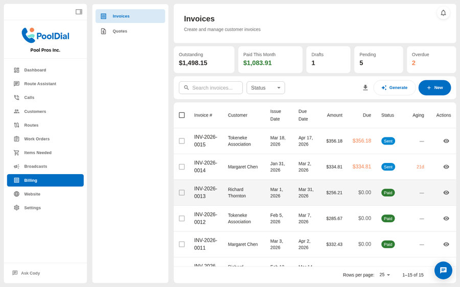 Invoice list with status, amounts, and due dates