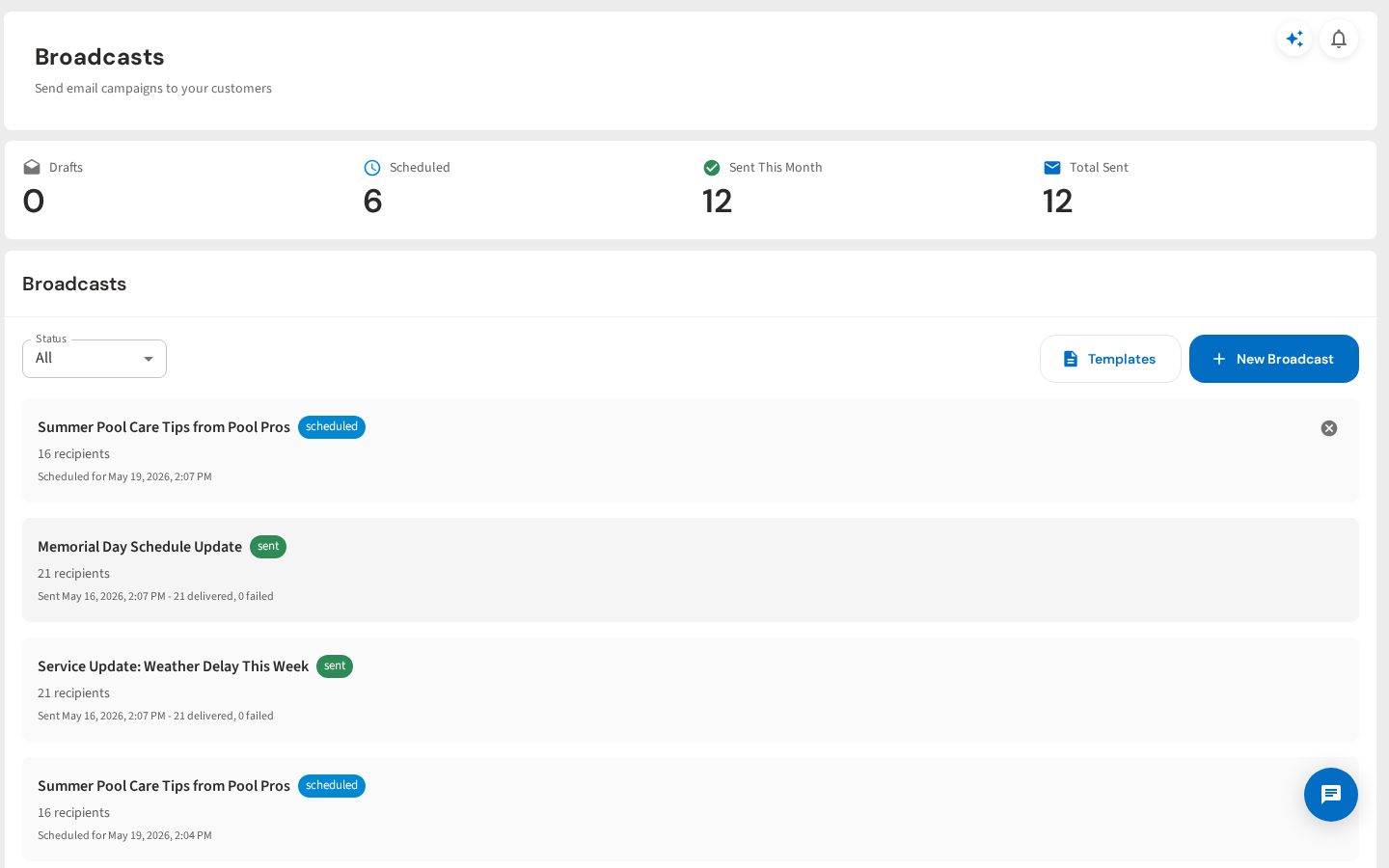 Broadcasts overview with stats and message list