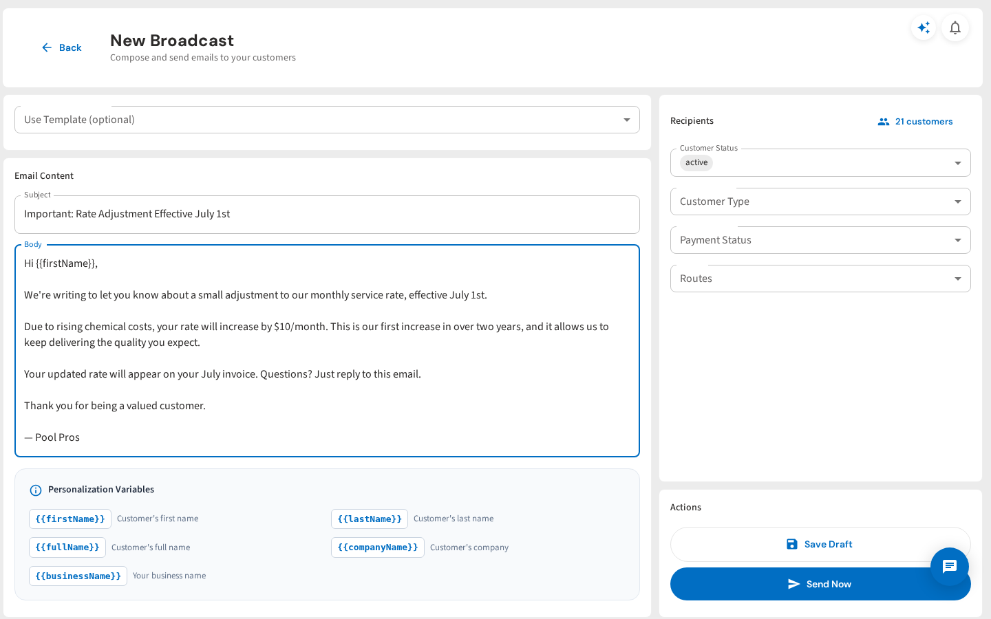 Composing a broadcast email with recipient filters