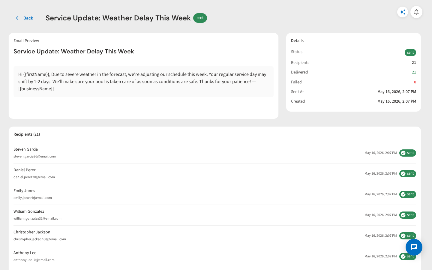 Sent broadcast detail with delivery stats and recipient list