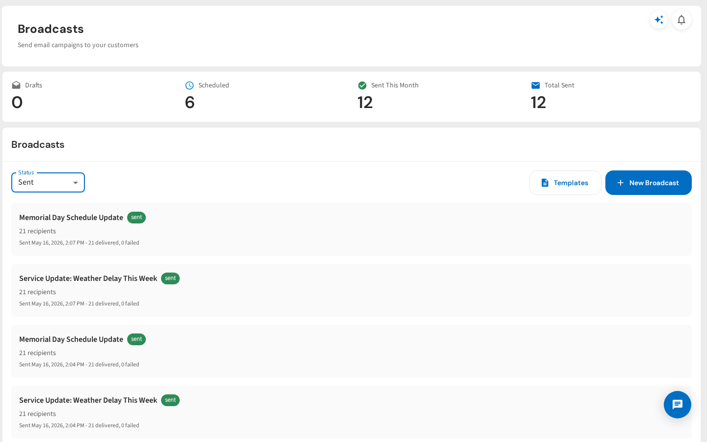 Broadcast list filtered by sent status