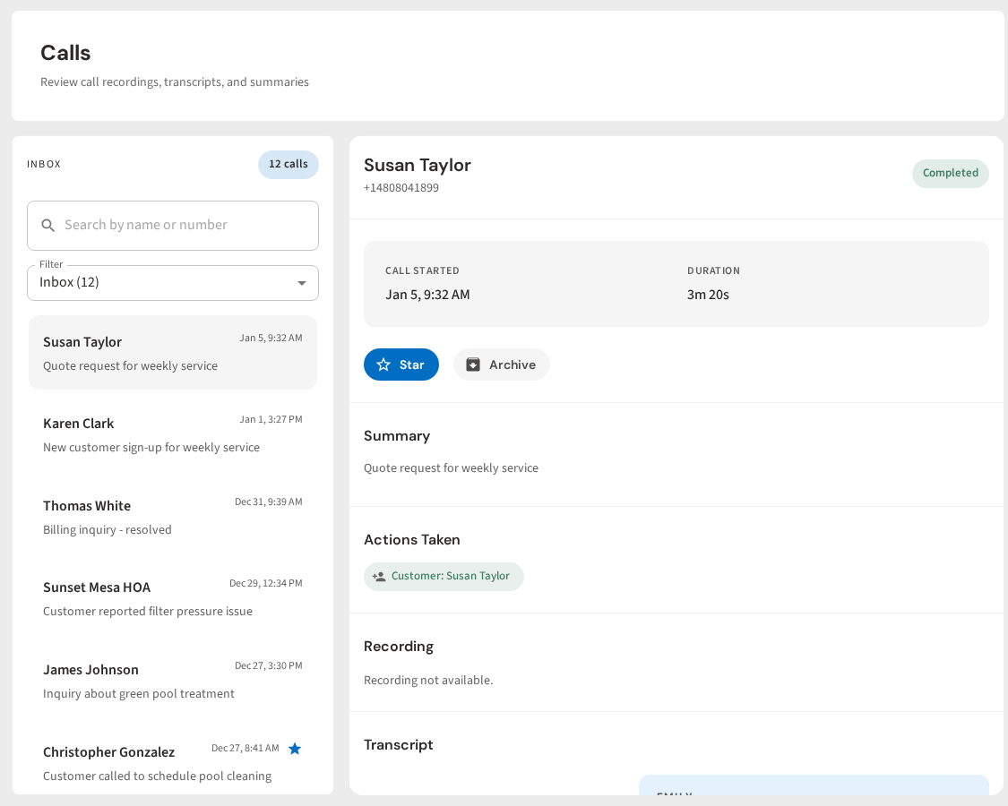 PoolDial AI receptionist call log showing automated bookings