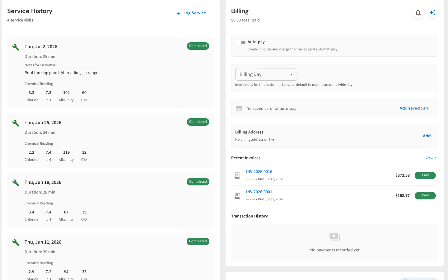 Customer service history with chemical readings in PoolDial