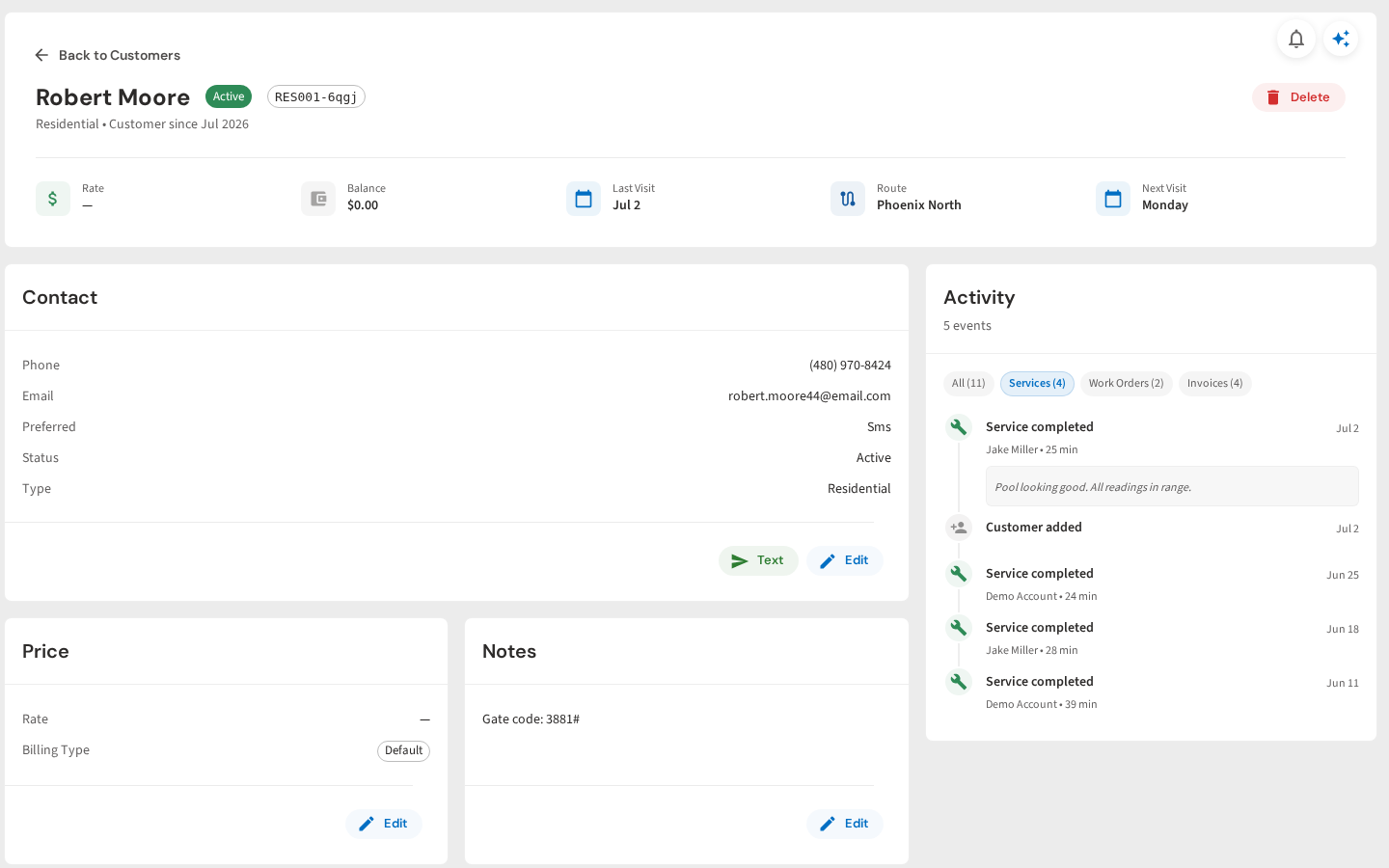 Customer activity timeline with completed service visits