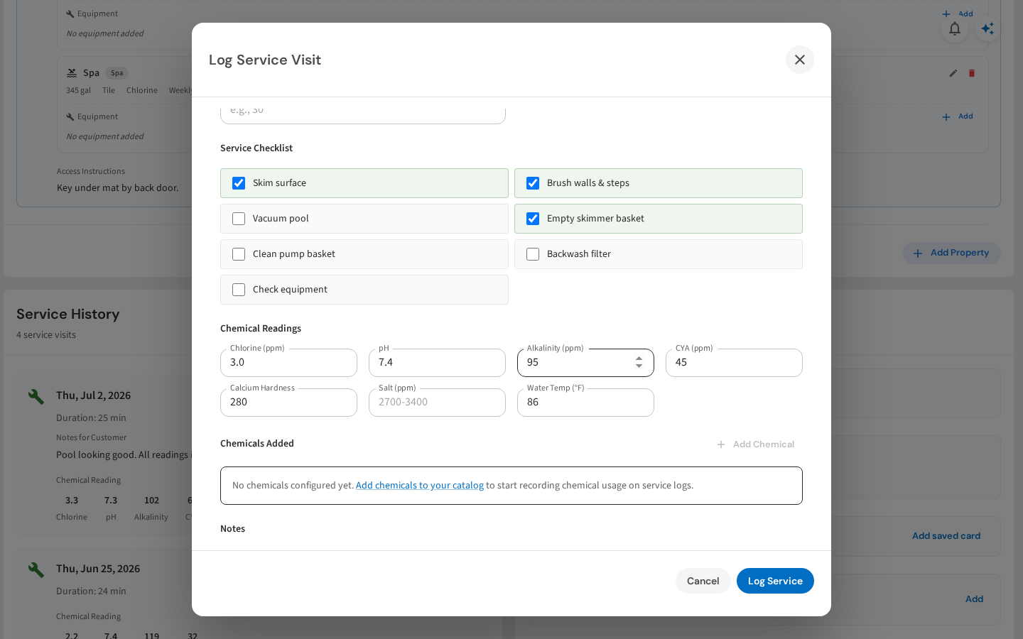 Desktop service log form with chemical readings
