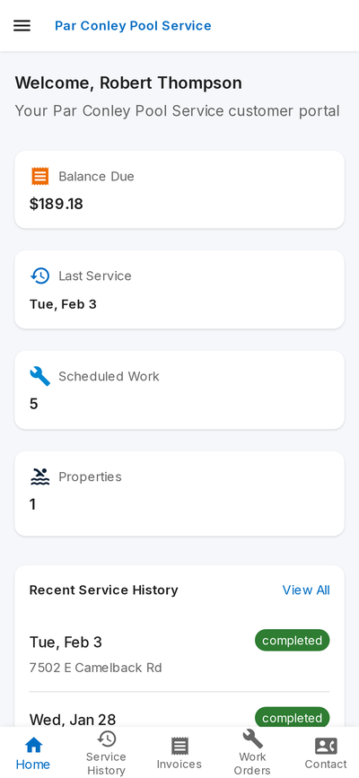 Customer portal with balance, service history, and properties