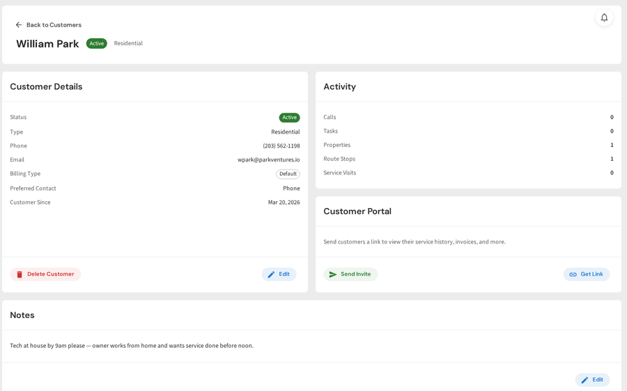 Customer profile with service history