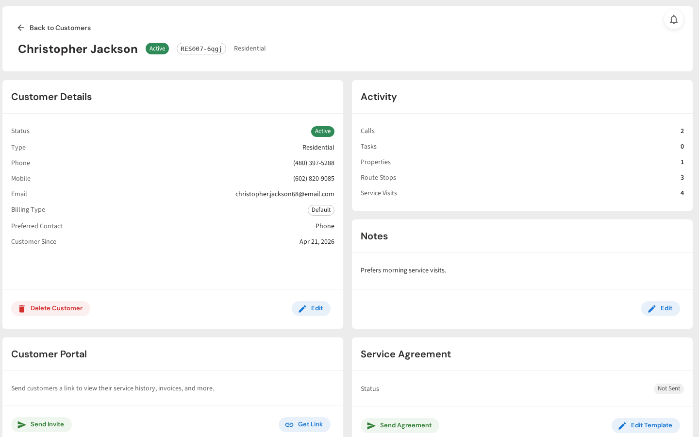 Customer detail page with contact info and activity