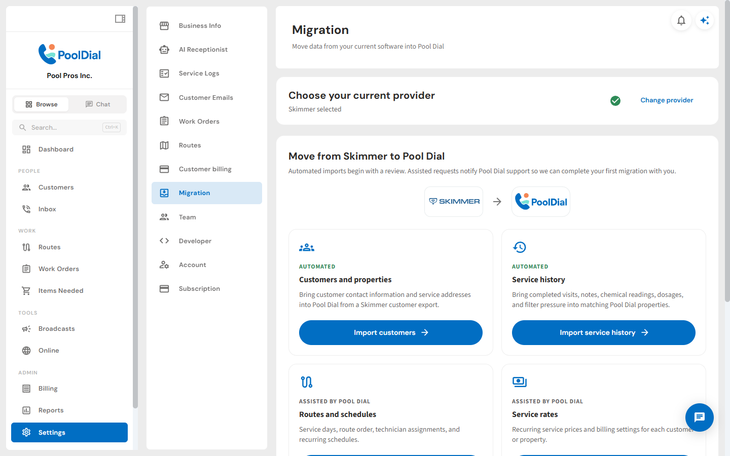 PoolDial guided Skimmer import workflow