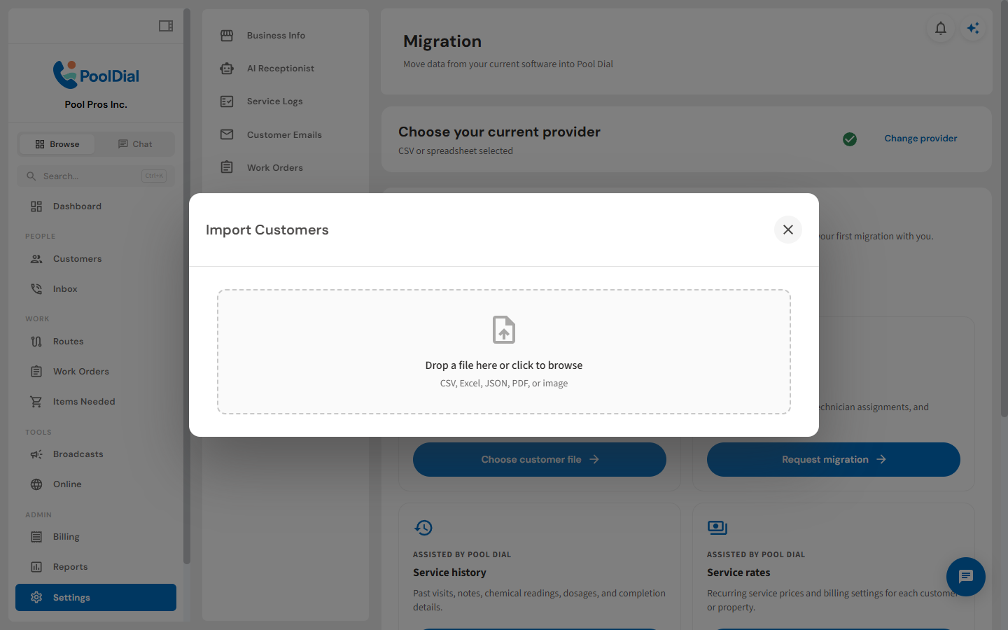 PoolDial file upload screen for importing business data
