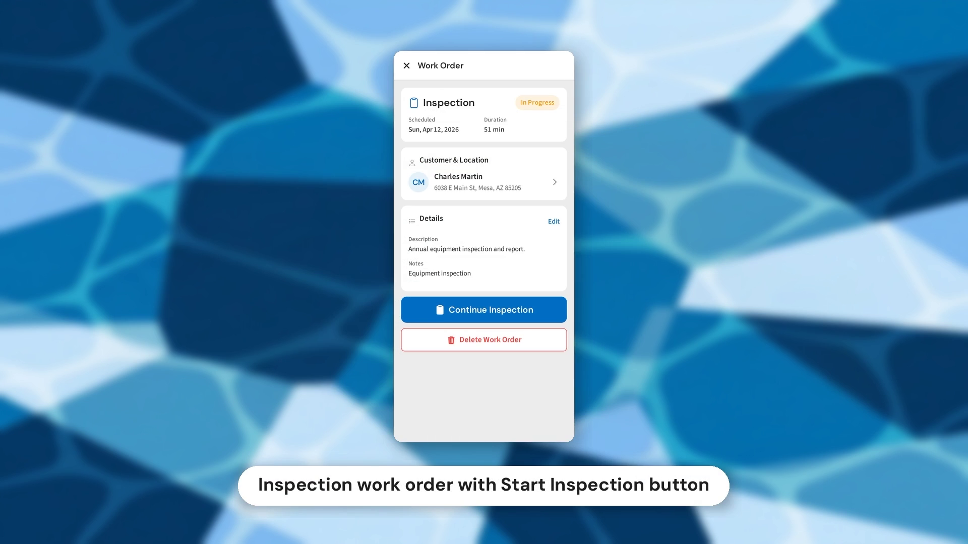 Inspection work order with Start Inspection button
