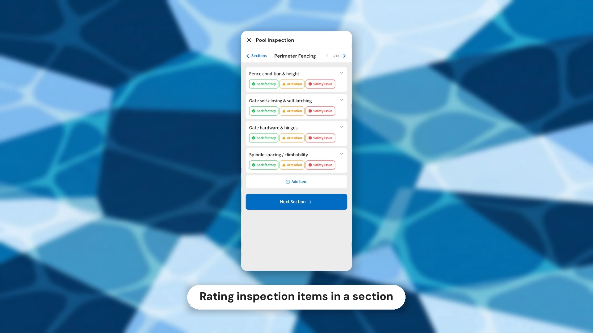 Rating inspection items with color-coded severity buttons