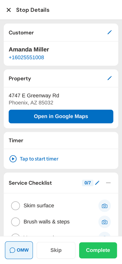Mobile app stop detail with checklist and chemical readings