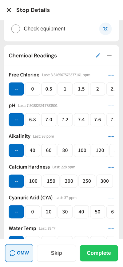 Chemical readings entry on mobile