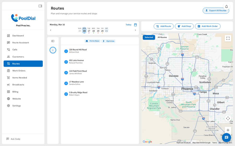 Routes overview with map and technician assignments