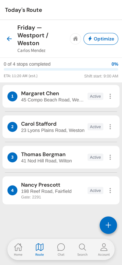 Route stops list with customer details
