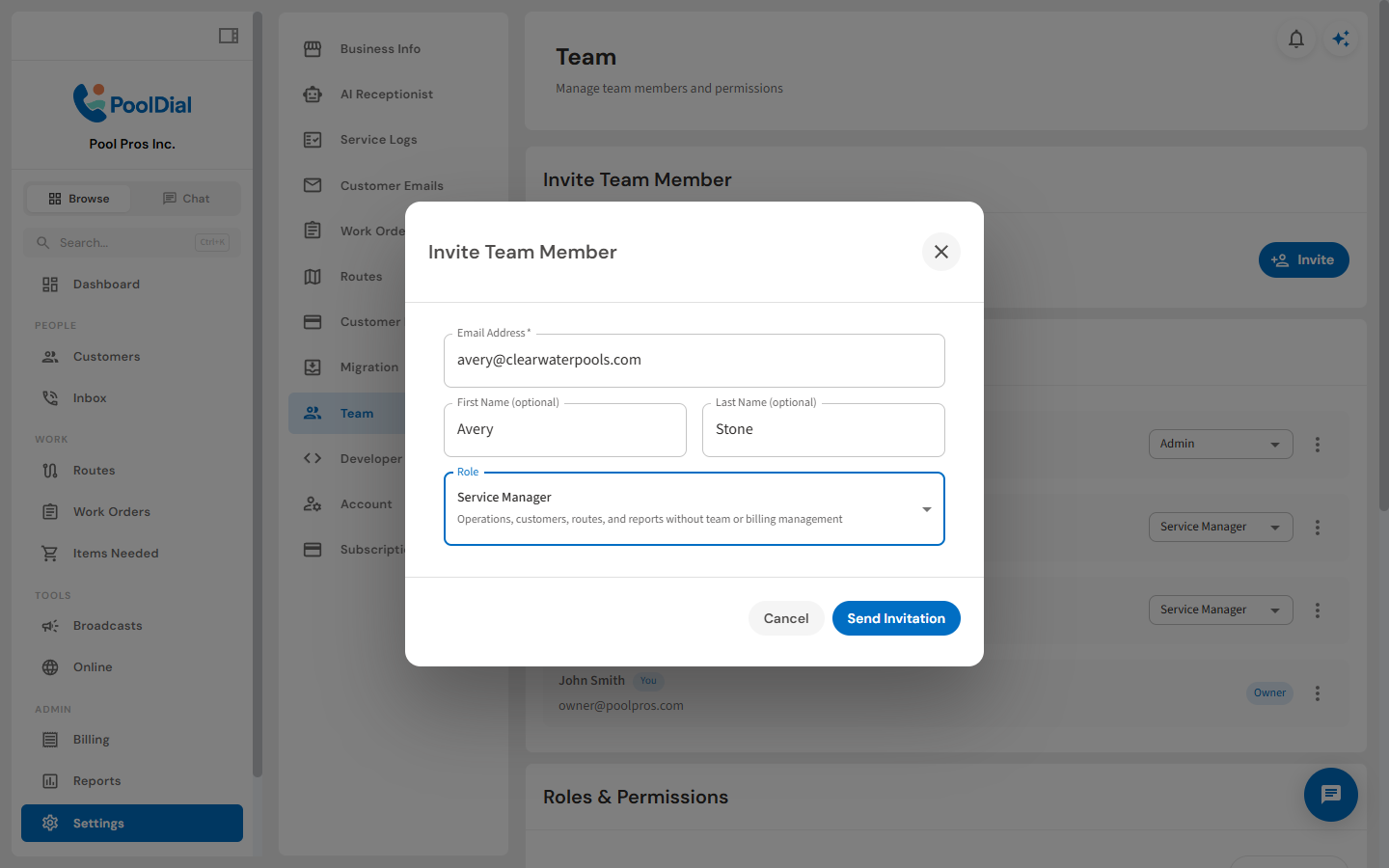 PoolDial invite form for adding a teammate with a selected role