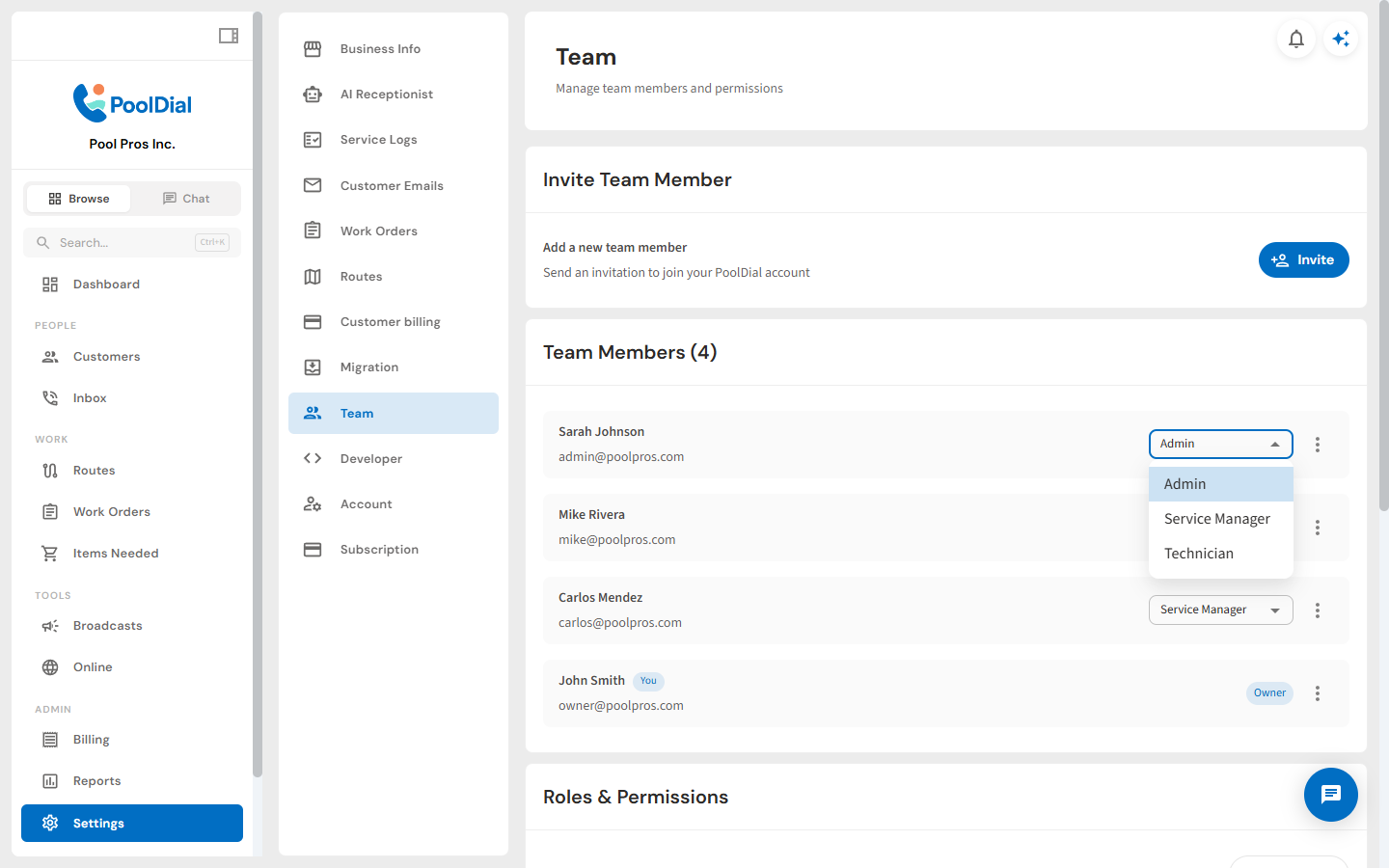 PoolDial role menu for changing a team member's access