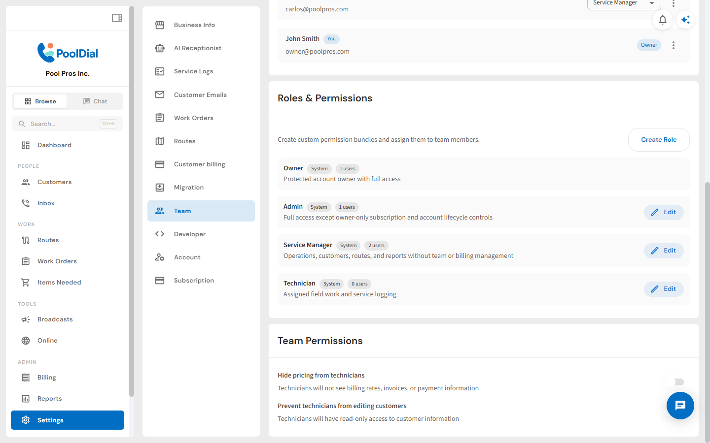 PoolDial permission controls for sensitive team and billing data