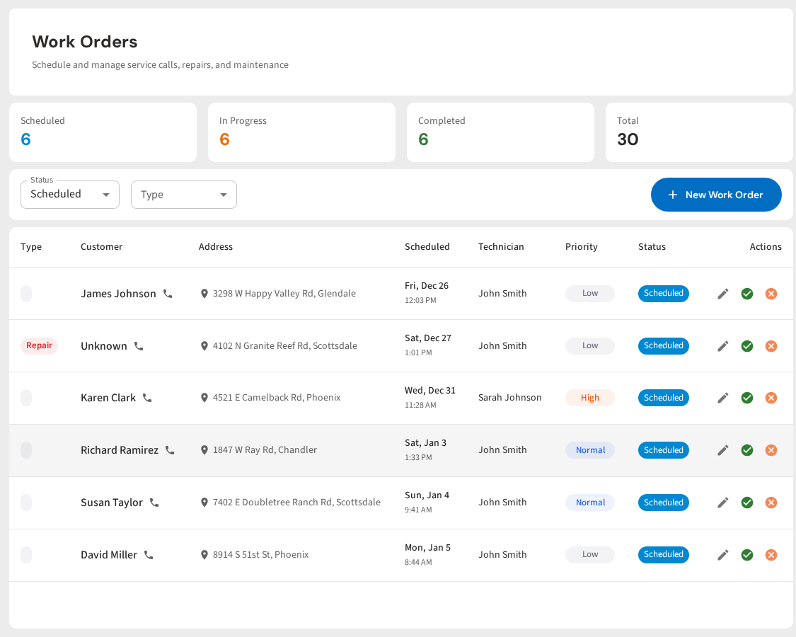 PoolDial Work Orders - Job tracking from creation to completion with status workflow