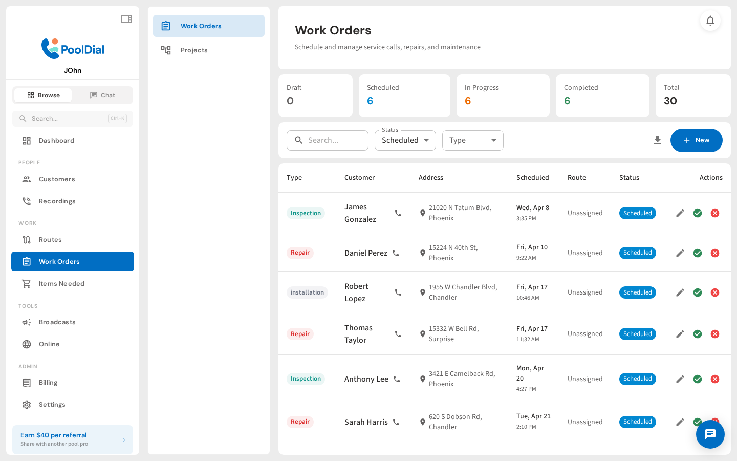 Work orders list with status tracking